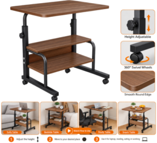Adjustable Rolling Laptop Desk with 3 Shelves